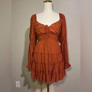 Mustard Seed Rust Orange Tiered Boho Mini Dress | Long Sleeve | Tie Front